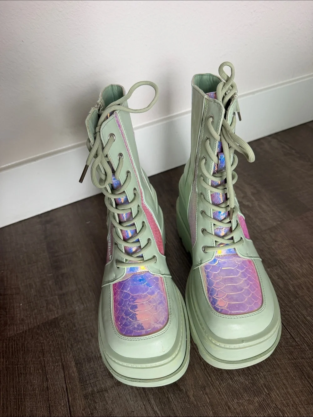 Cape Robbin Mint Green Platform Combat Boots with Iridescent Panels